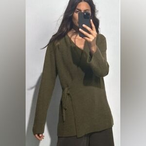 Zara VNeck Wrap Cardigan Sweater Alpaca Wool Olive Green Knit Womens Size Medium